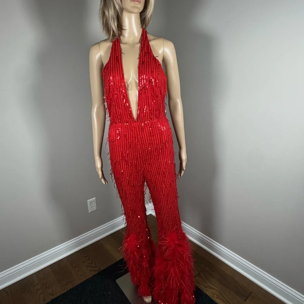 AKIRA NWT Red Sequin Feather Flare Jumpsuit Backless Halter Glam Party Small - Picture 4 of 7